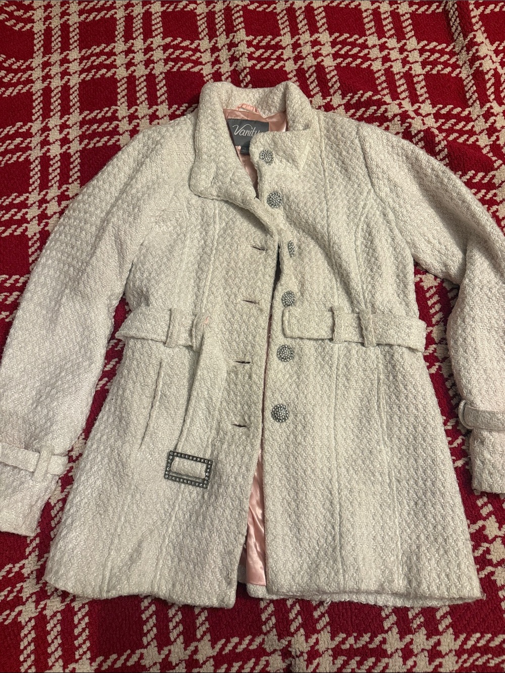 Vanity Cream Textured Belted Peacoat with Decorative Buttons